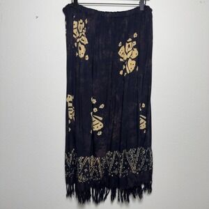 Women Fairy Grunge Maxi Skirt XL Black Tan Butterfly Indie Sleaze Fringe Western